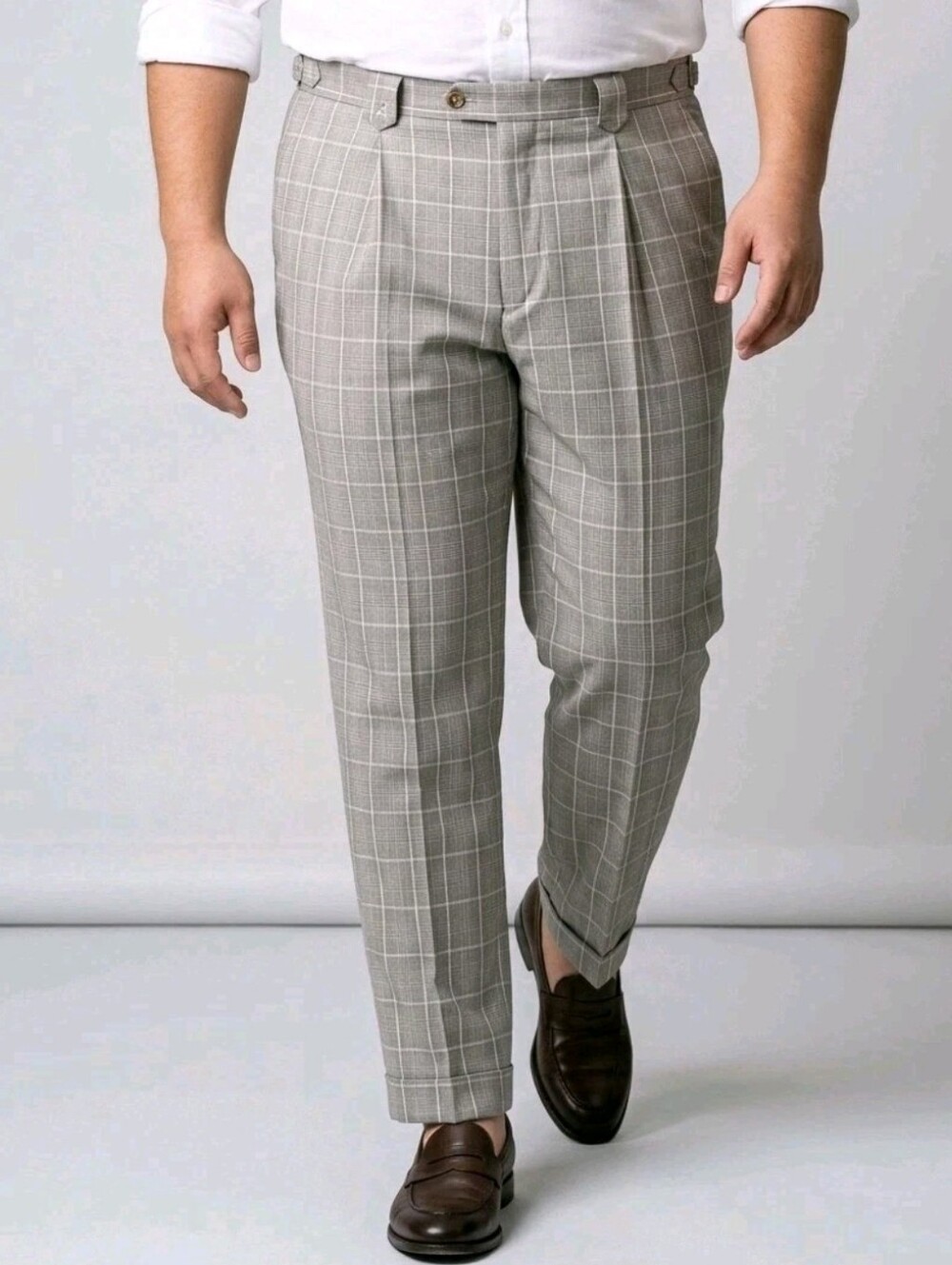 Stacy Adams Men's Dress Pants Size 60 (W55xL32) Beige Plaid Pleated Cuffed NWT